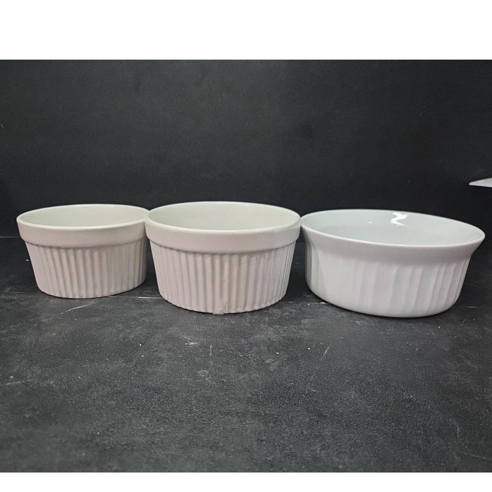 Bali White Ceramic Ribbed Bowls, Set of‎ 3, Vintage Replacement Kitchenware